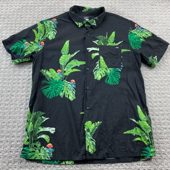 Billabong Gallery Hawaiian Shirt Men Medium M Black Green Floral Button Up Beach - Picture 1 of 12